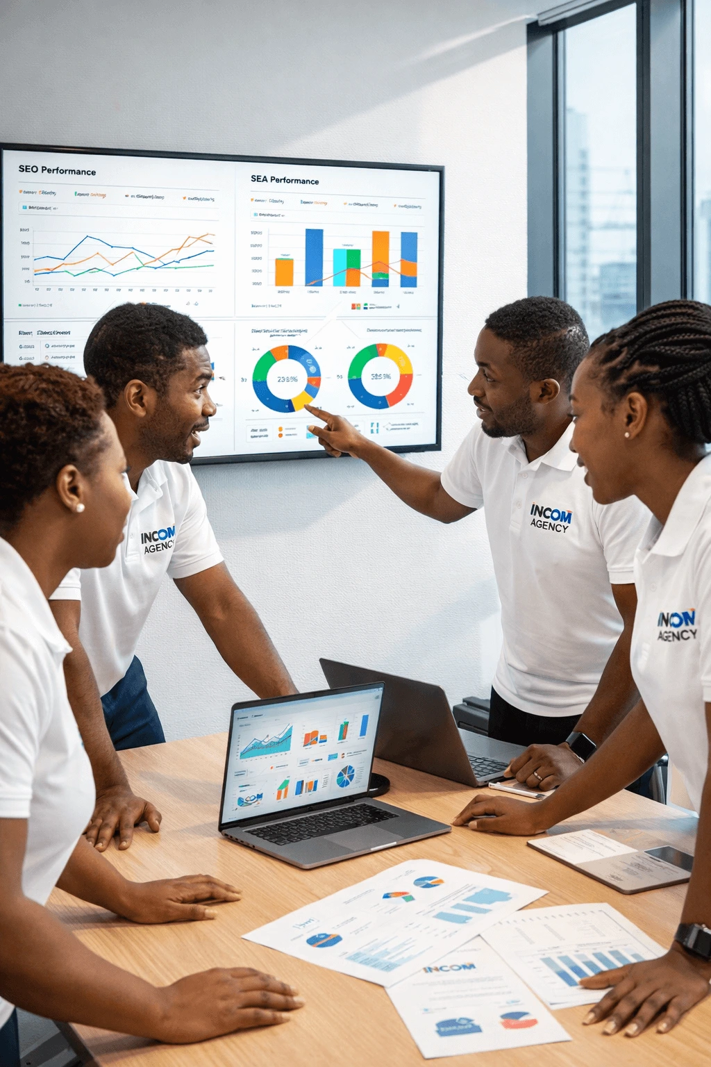 Équipe INCOM TEAM spécialisée en communication digitale et marketing digital au Sénégal